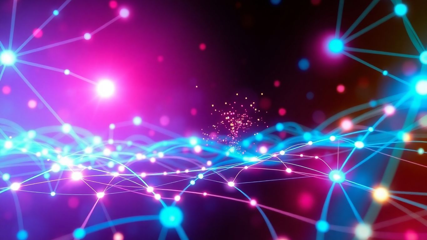 Abstract digital landscape with glowing lines and nodes.