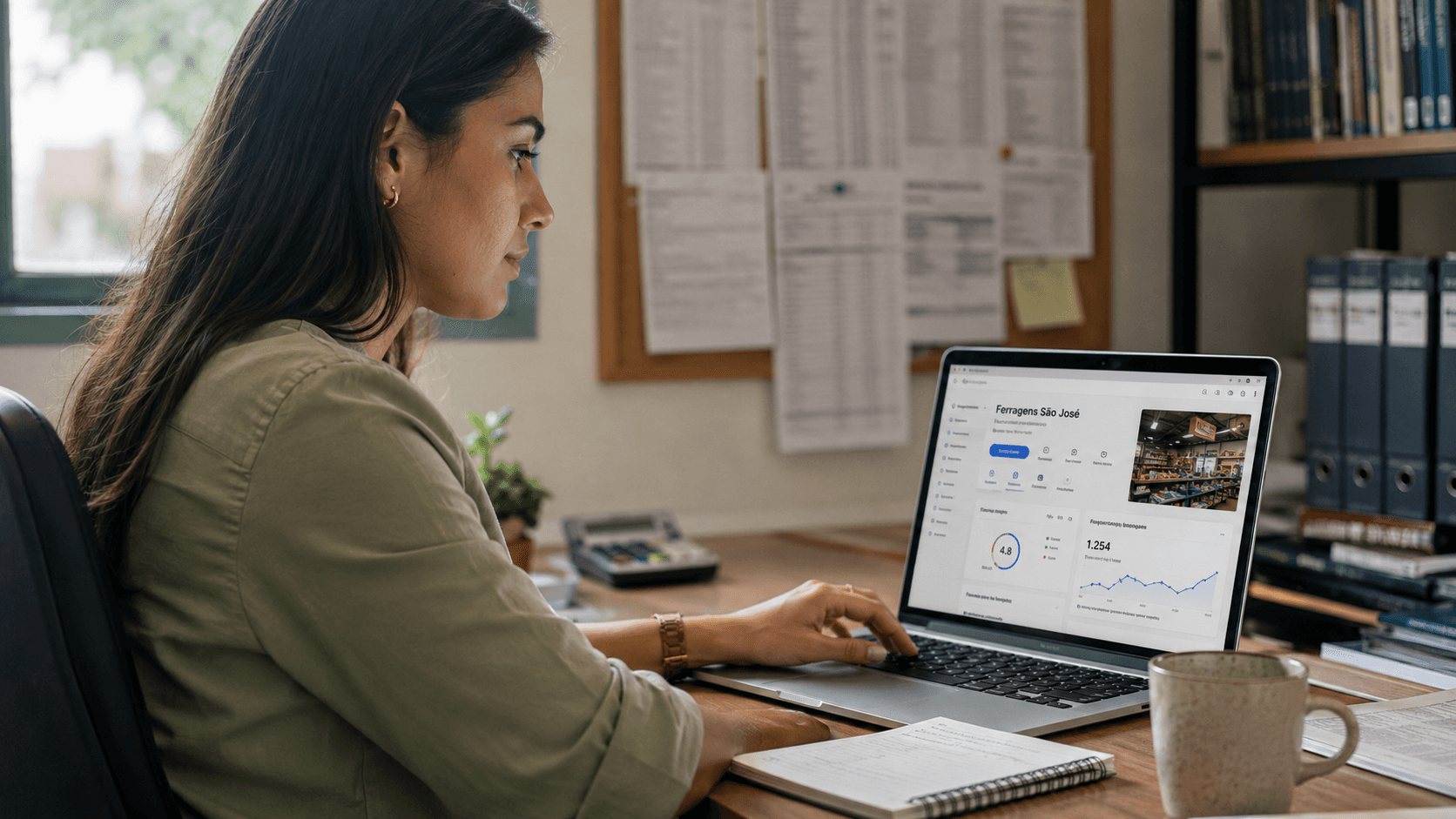 Sucessora de empresa familiar em Uberlândia organizando o marketing digital no laptop, com perfil do Google e painel de vendas