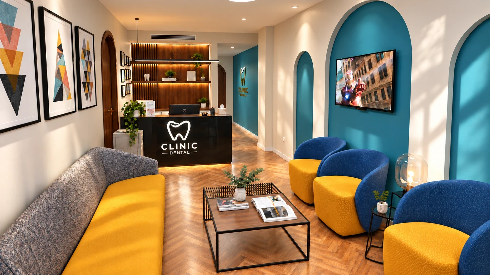 Waiting-area render with a grey sofa, blue and yellow armchairs and reception counter — Dentist Clinic, Cairo, Arc In Space