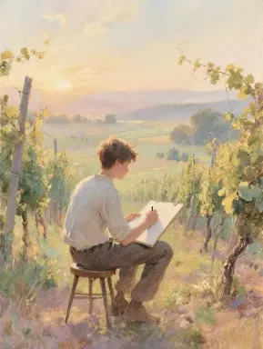 A person sits on a stool sketching in a sunlit vineyard. The serene landscape shows rolling hills under a pastel sky at sunset, evoking tranquility.