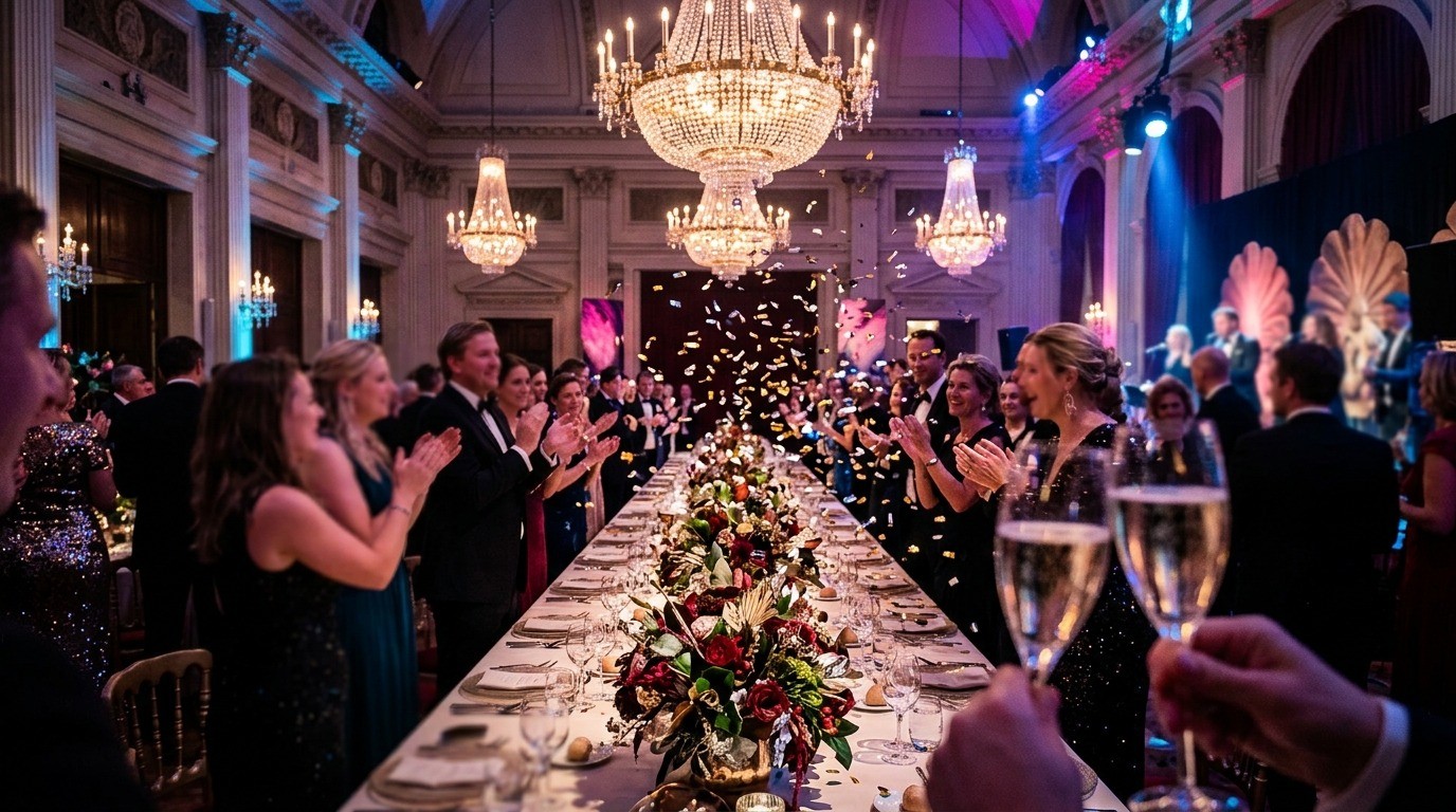 Sfeervolle setting tijdens jubileumfeest met lange dinertafel