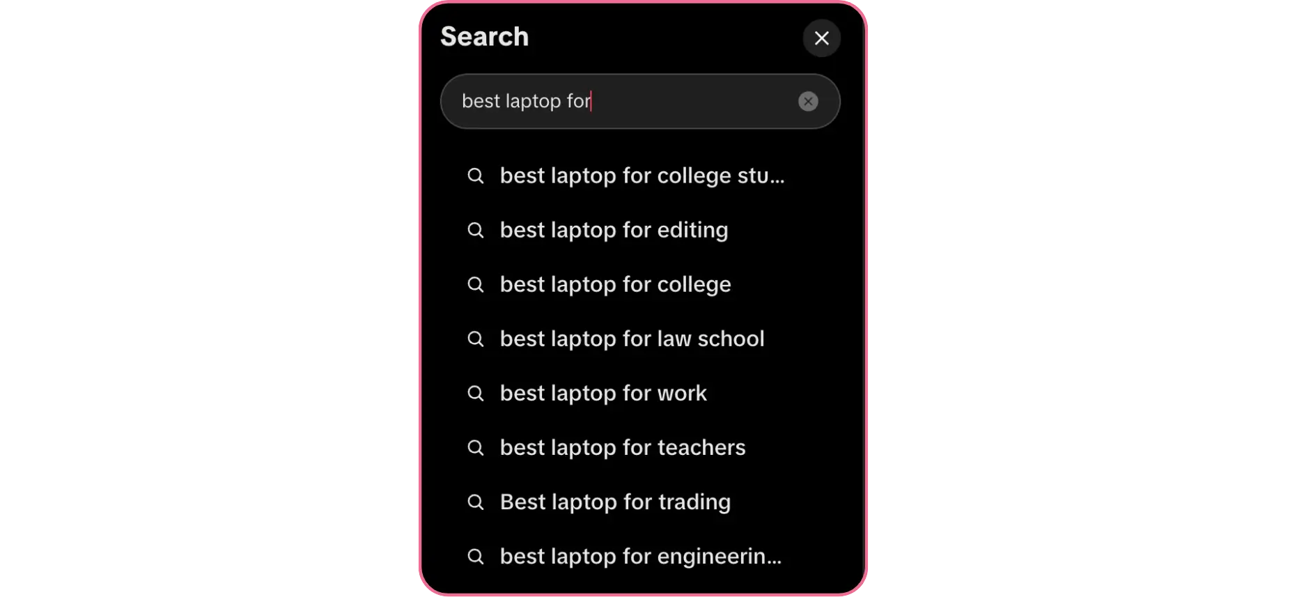 TikTok search bar autocomplete showing real user queries for the phrase best laptop for