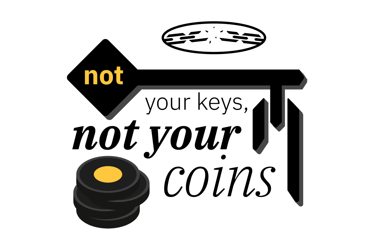 ilustração contendo uma corrente quebrada, uma chave e algumas moedas com a inscrição "not your keys, not your coins"