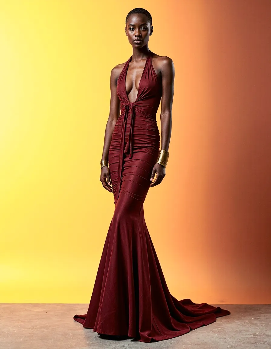 Elegant burgundy halter mermaid gown with front tie detail against warm yellow-orange gradient backdrop, styled with gold cuff bracelets
