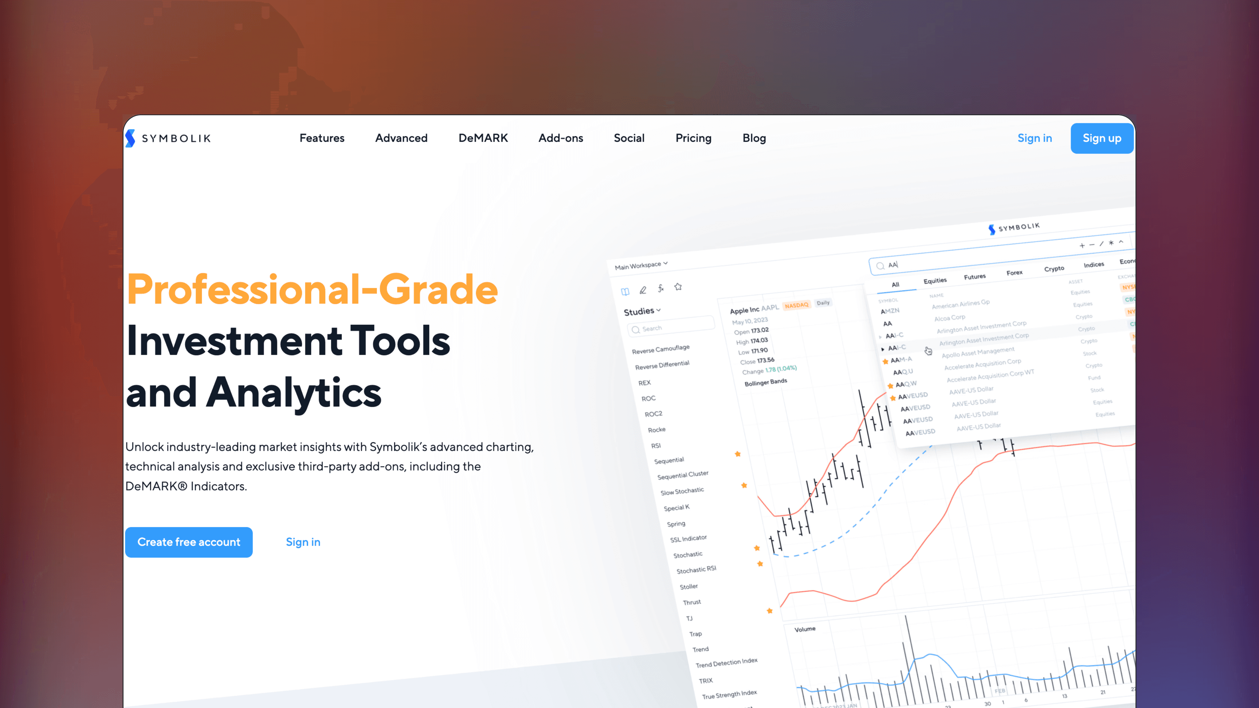 Website preview of Symbolik, technical analysis charting platform featuring charts with DeMARK indicator overlays.