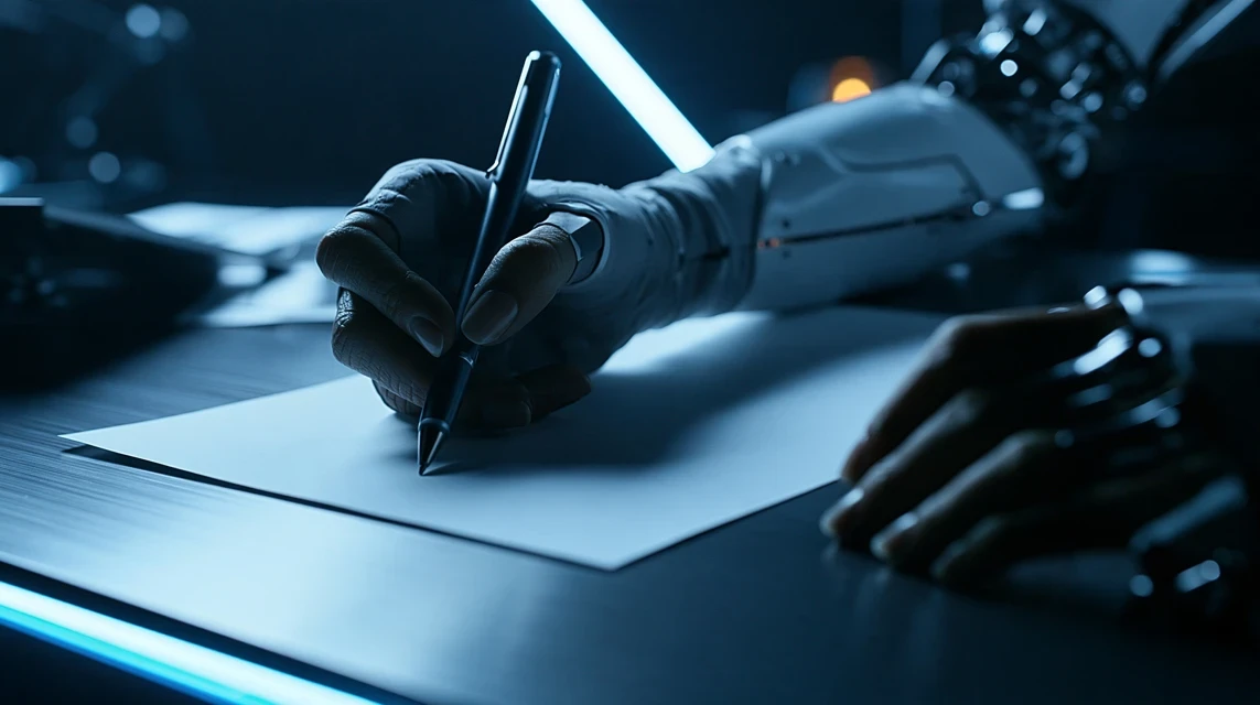 Humanoid hand writing on paper at a titanium desk