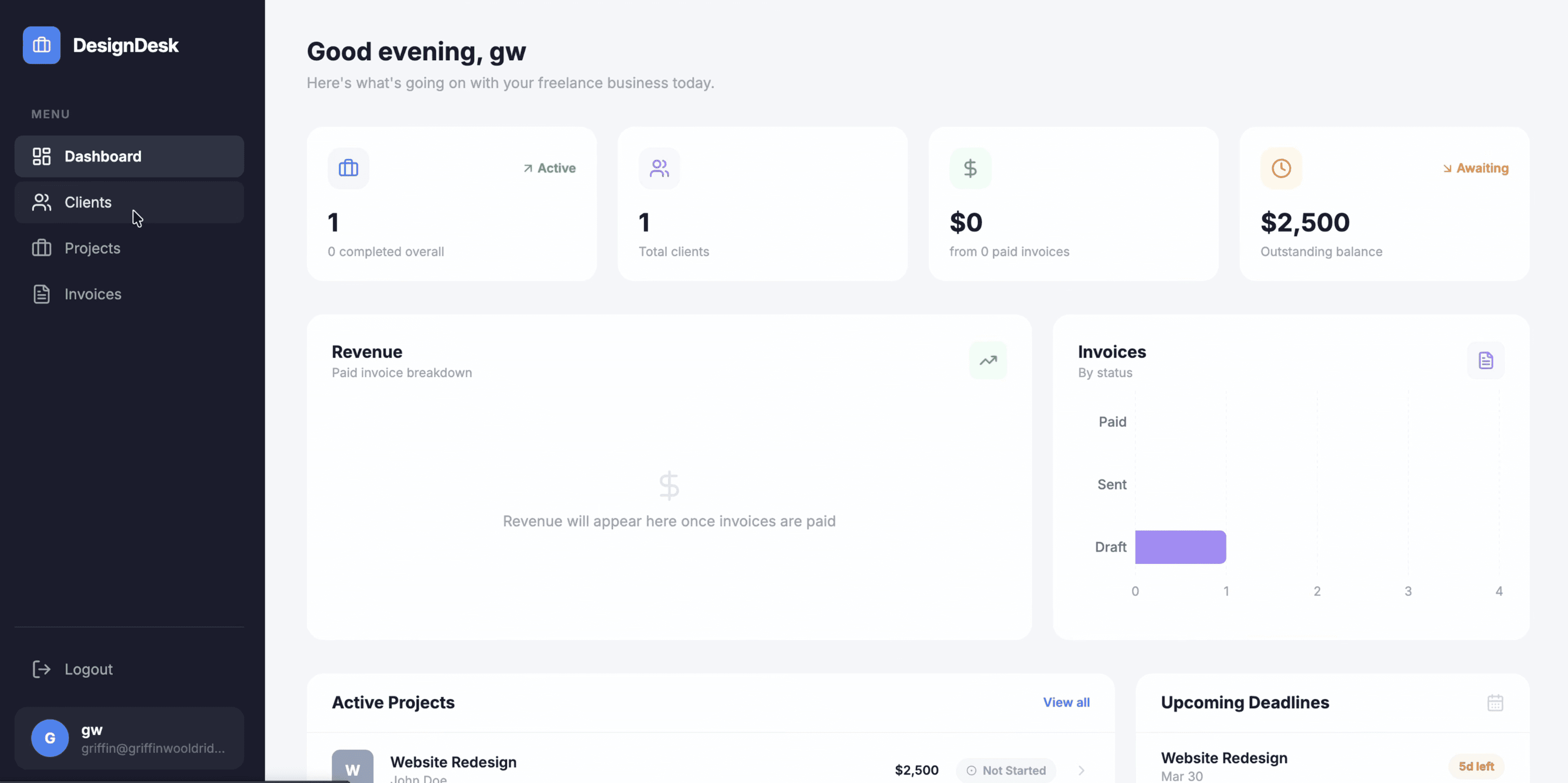 Redesigned client portal dashboard with updated color scheme, refreshed layout, and working data charts