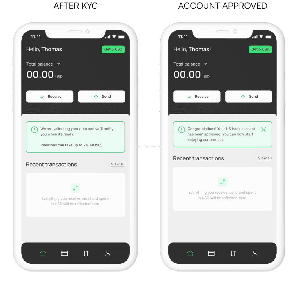 Two mockups: one showing the screen after the KYC process before the redesign, and the other showing the screen once the account was approved, also before the redesign.