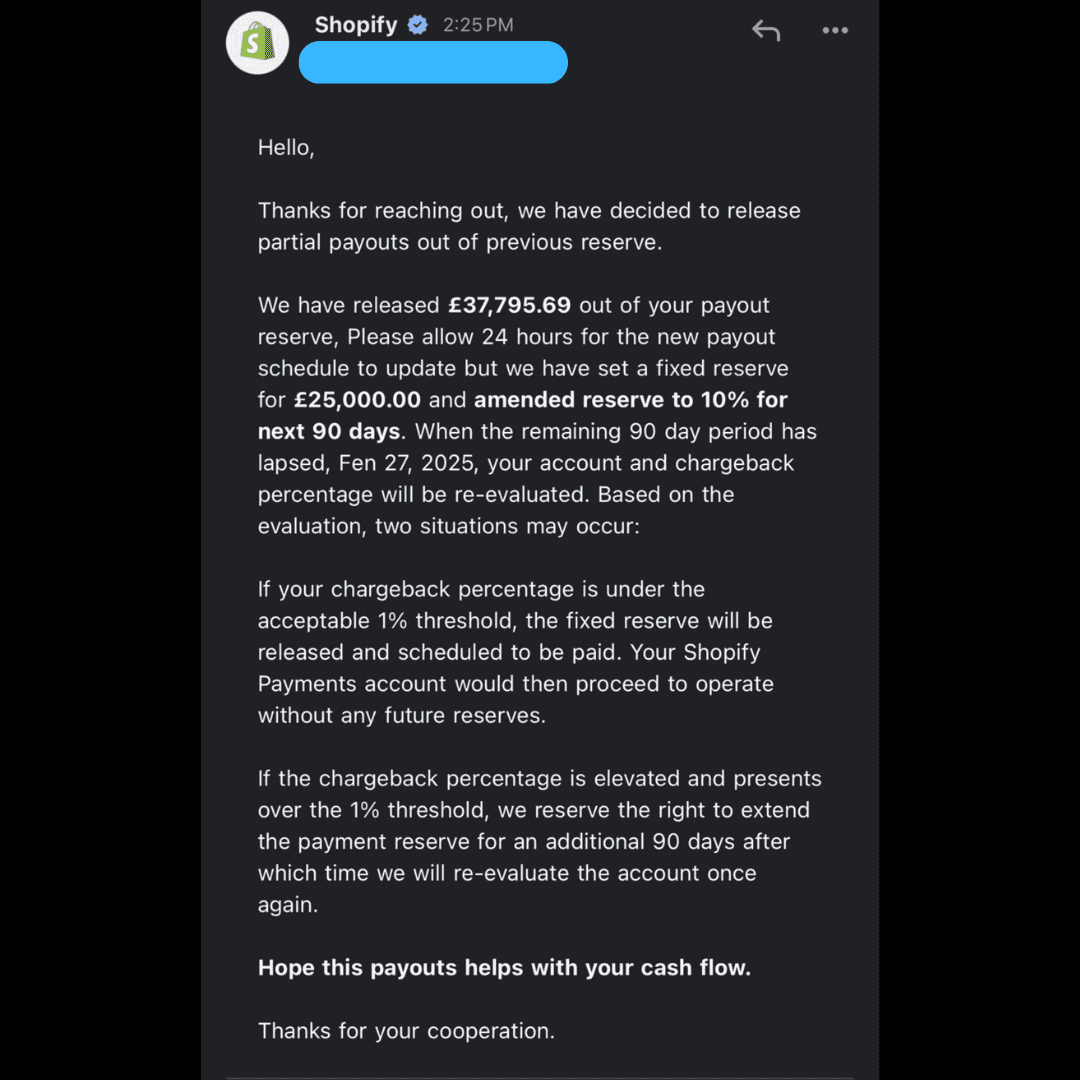 E-Mail von Shopify bestätigt die Freigabe von 37.795,69 £ aus der Auszahlungsreserve, mit fester Reserve von 25.000 £ und 10 % für 90 Tage.