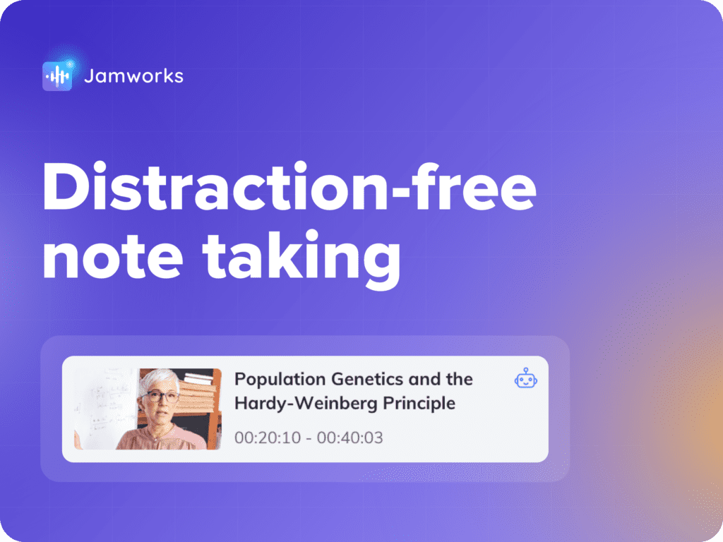 A banner with a screenshot of a Jamworks highlight note which reads: "Distraction-free note taking"