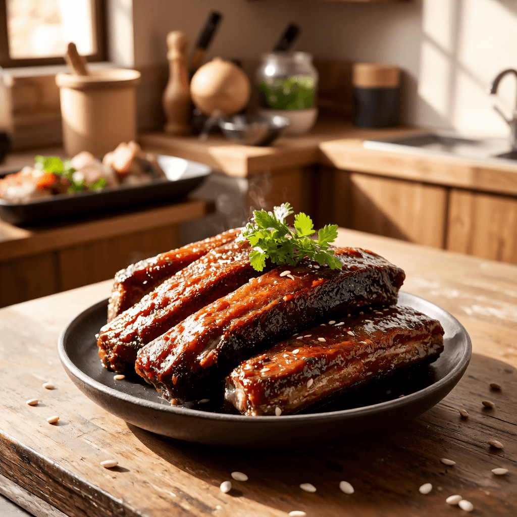 product photography of a plate of marinated beef ribs