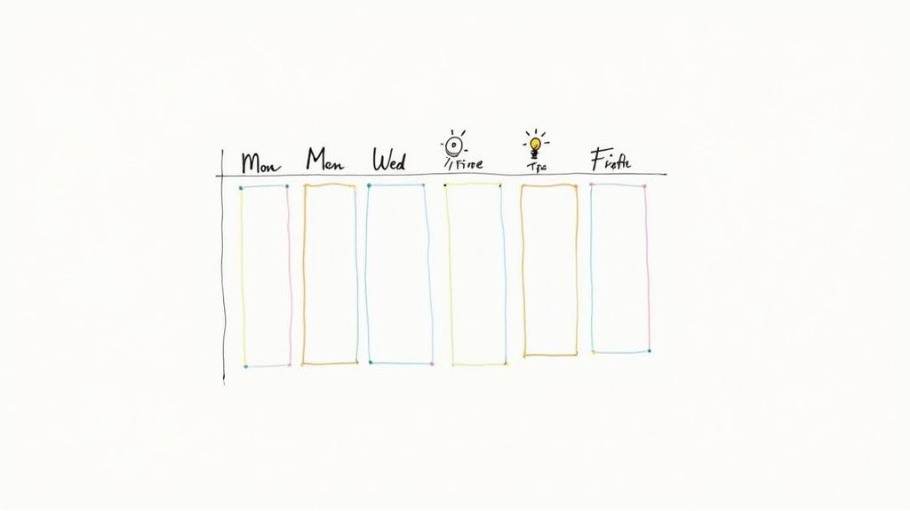 Handwritten weekly planner template with columns for days, time, and creative ideas, on a white background.