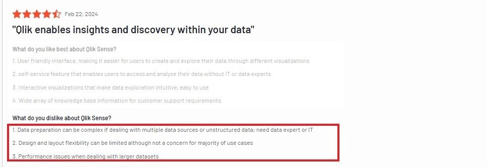 User review pointing out Power BI’s complexity for advanced use cases and data preparation