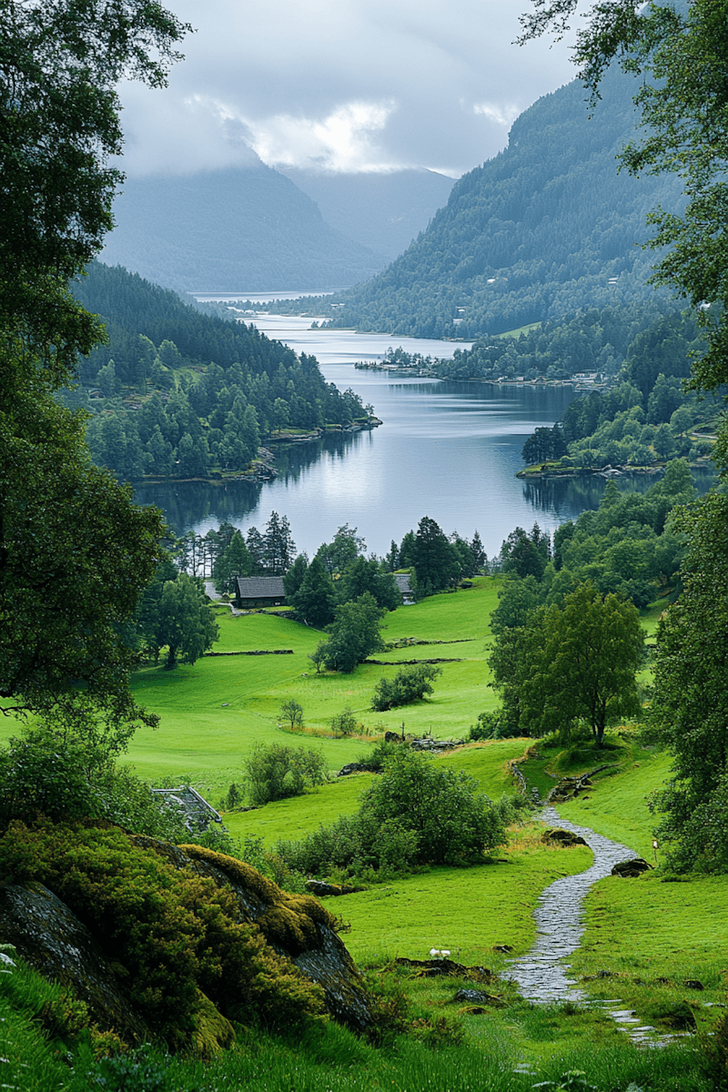 A serene landscape with lush green fields and dense woodland surrounds a calm lake that reflects the overcast skies, nestled in a picturesque valley between misty, mountainous terrain.
