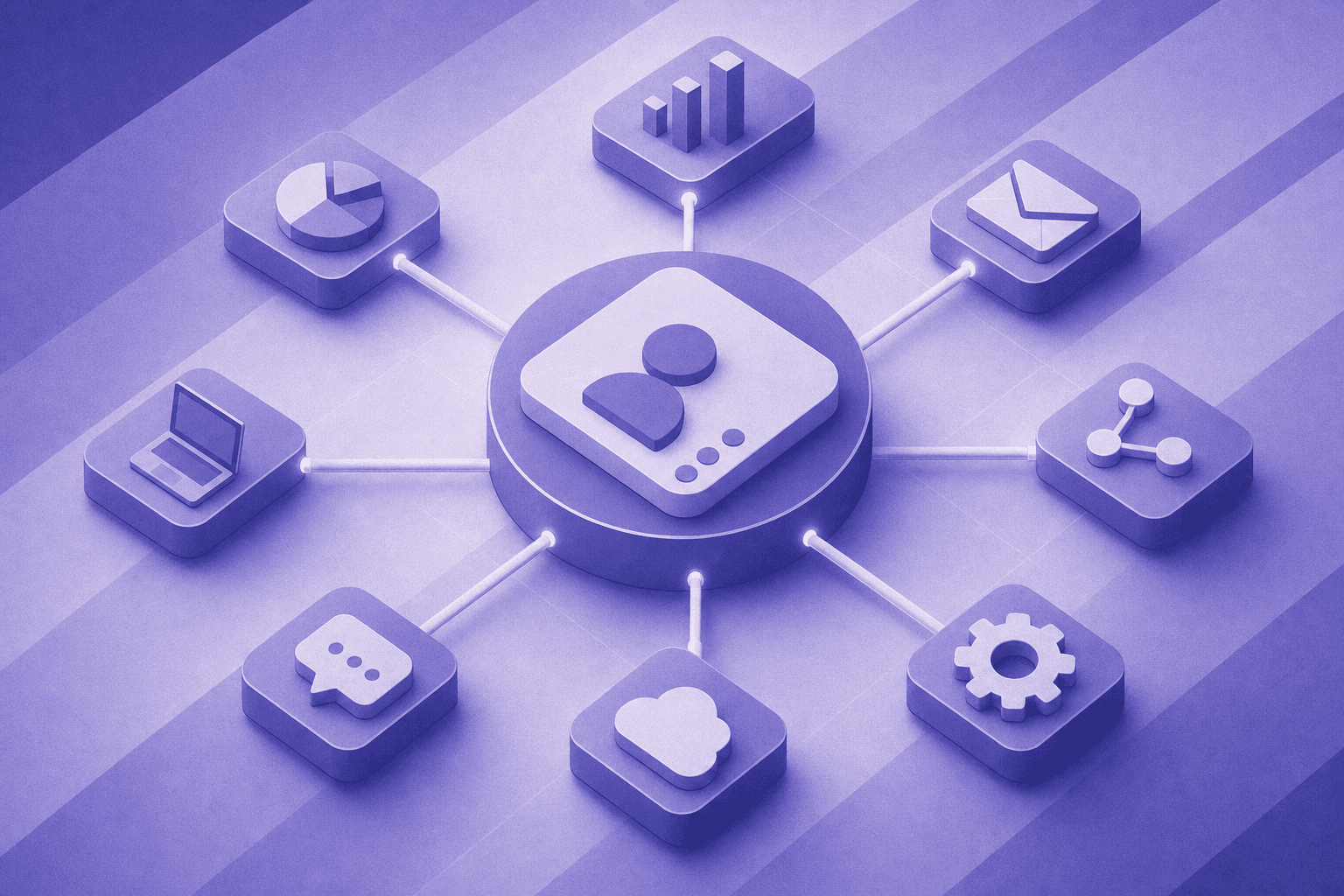 A professional business illustration showing a central CRM platform hub with multiple connection points radiating outward to various business tools and systems, depicted in a clean isometric or diagram style. The central hub should be prominent and connected via lines or pathways to surrounding nodes representing different software integrations. Use a modern blue and gray color palette with a tech-forward aesthetic. No text or labels.