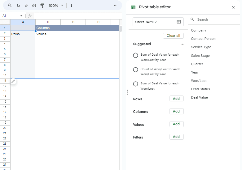 A new sheet will be created with the pivot table editor.