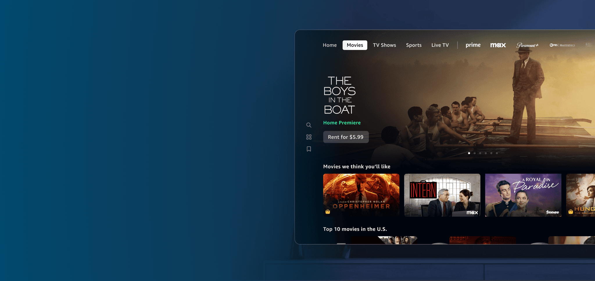 Home page of Amazon Prime with a hero moment for a new show and recommended content below.