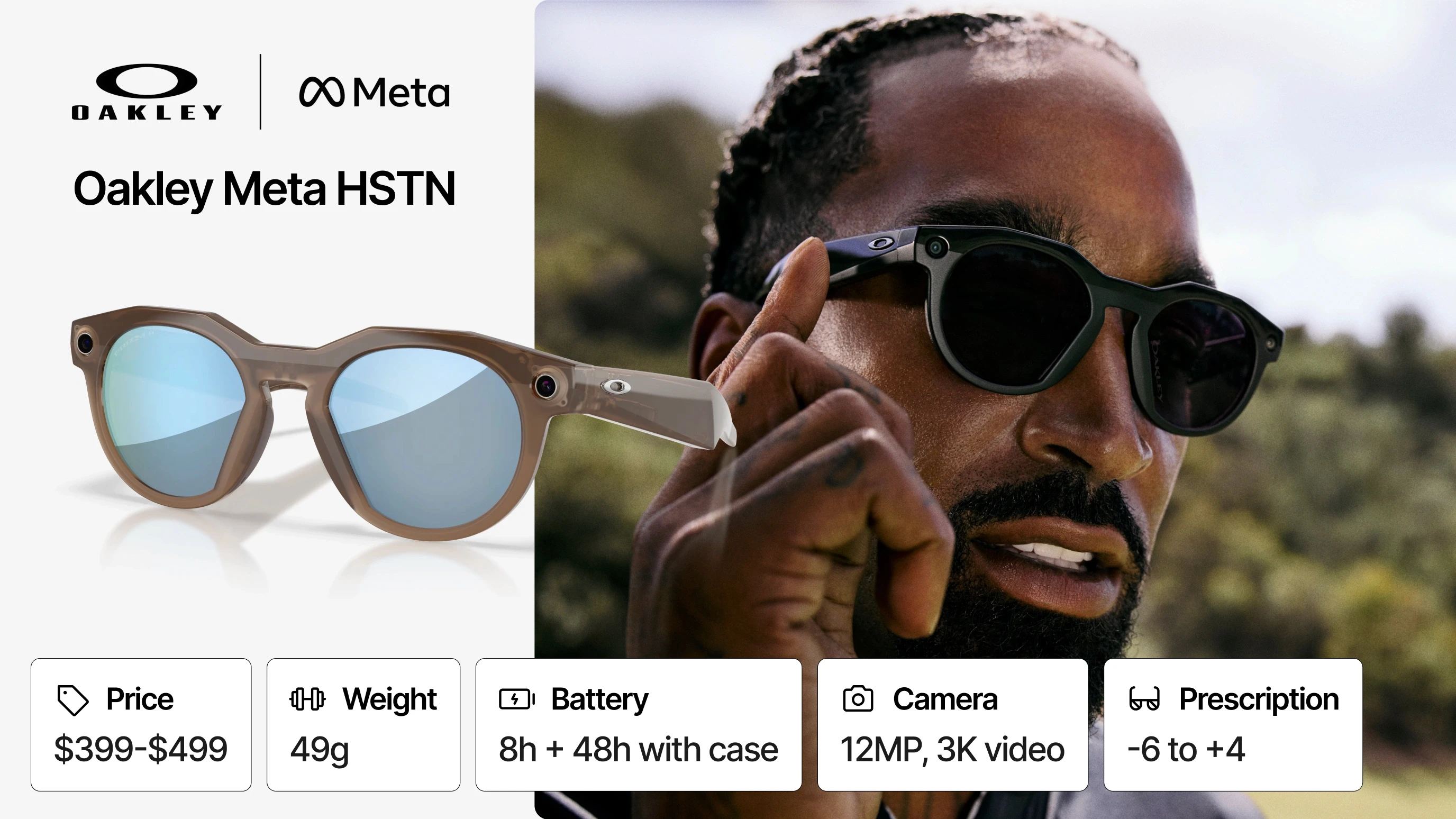 Oakley Meta HSTN smart glasses: weight, 4h battery, 12MP camera, prescription-compatible sporty AI glasses specs