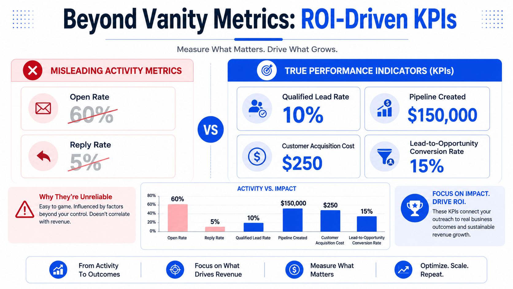 A marketing infographic comparing misleading activity metrics like open rates with ROI-driven KPIs like lead conversion rates.