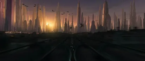 A wide shot of Coruscant with buildings and speeders in the background