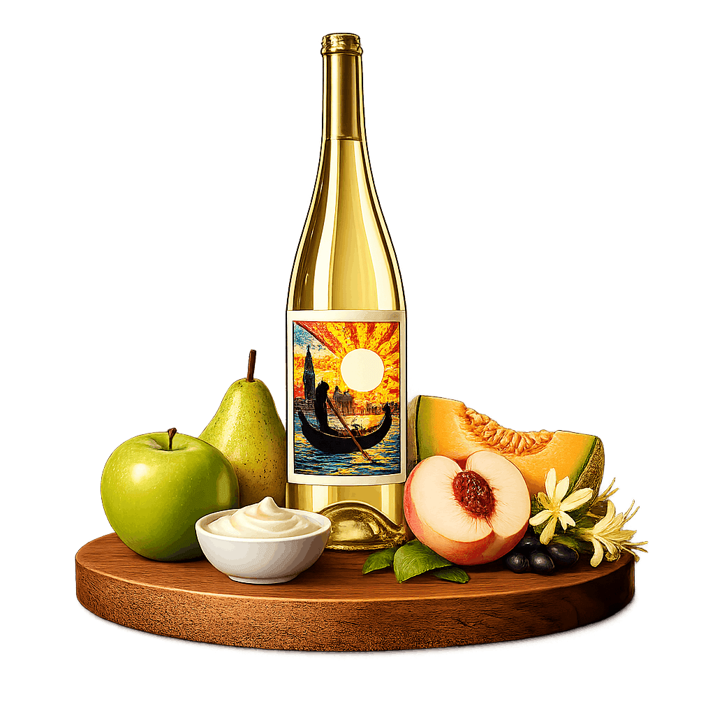 Artistic label and flavor profile for Italian Prosecco on a rustic wooden table.