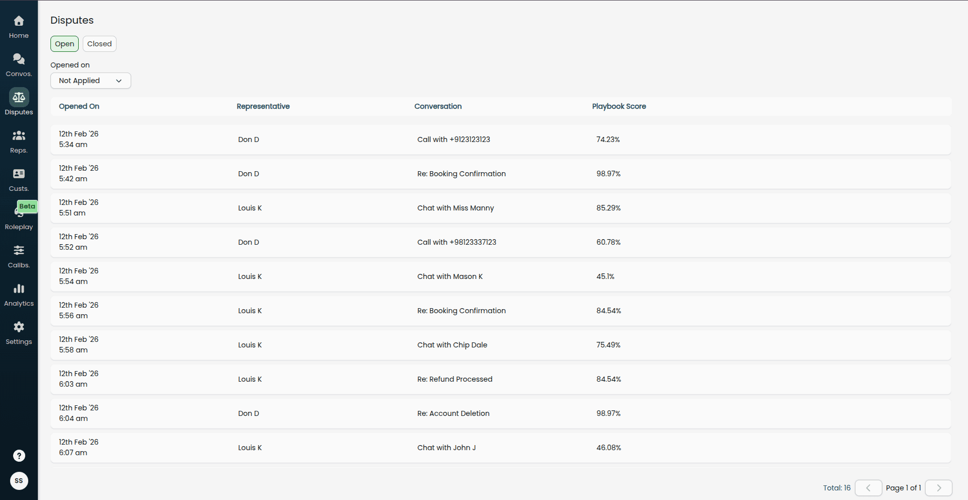 Screenshot showing the Disputes list with open and closed filters, a row for one disputed conversation, and the status columns visible.