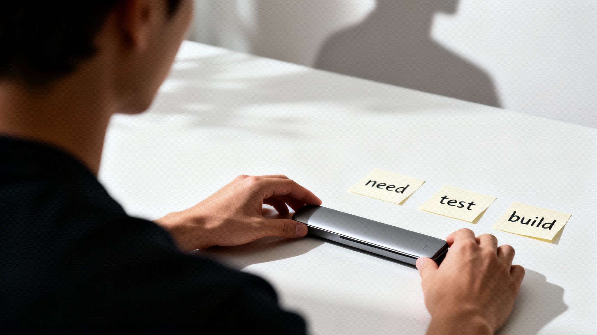A person holds a sleek device next to sticky notes saying 'need', 'test', 'build' on a white table.