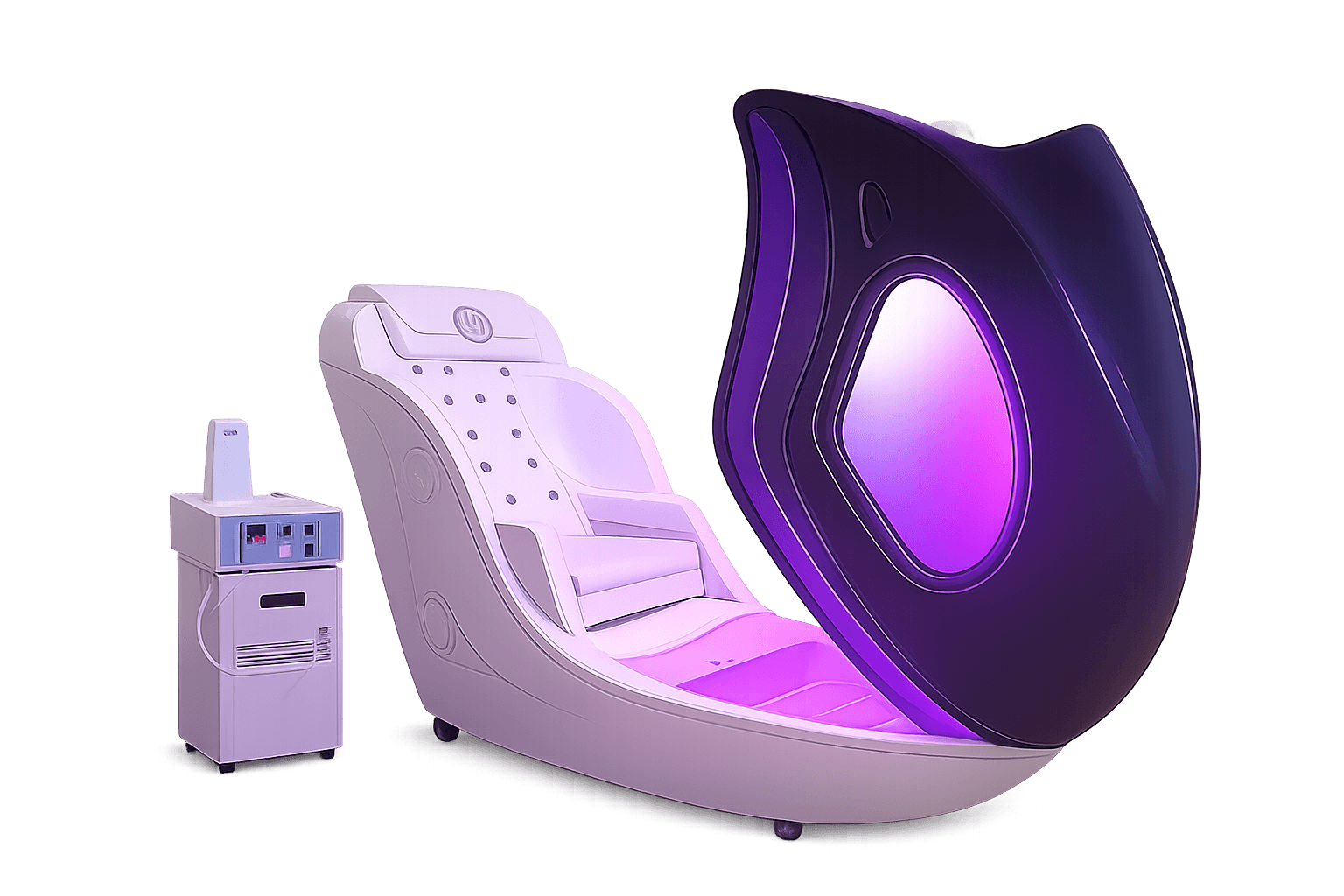AuraO₃ Ascension Steam Capsule™ — all-in-one ozone therapy wellness chamber with sleek clamshell design in champagne finish with LED-lit viewing window