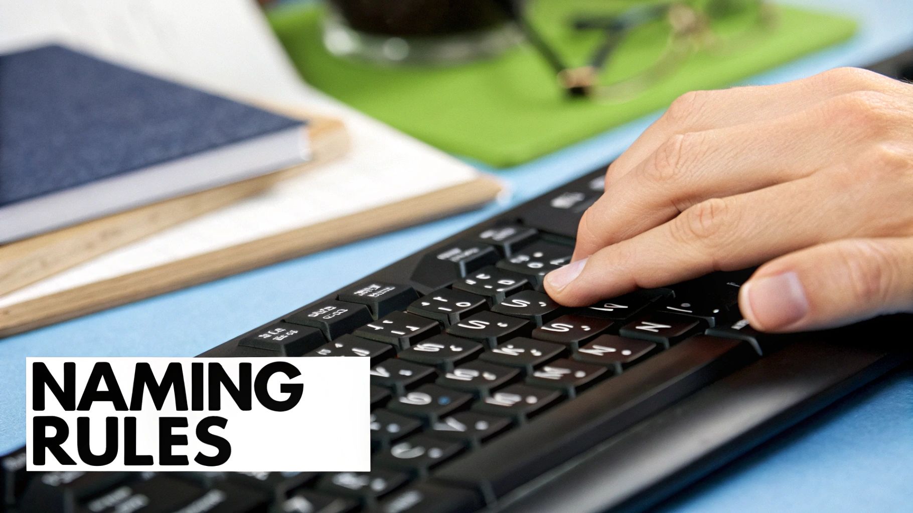 A close-up of a keyboard with highlighted keys showing an organized file naming convention.