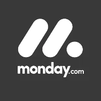 White icon with dark background of Monday.com;, a tool recomended by Lucas Ostrowski