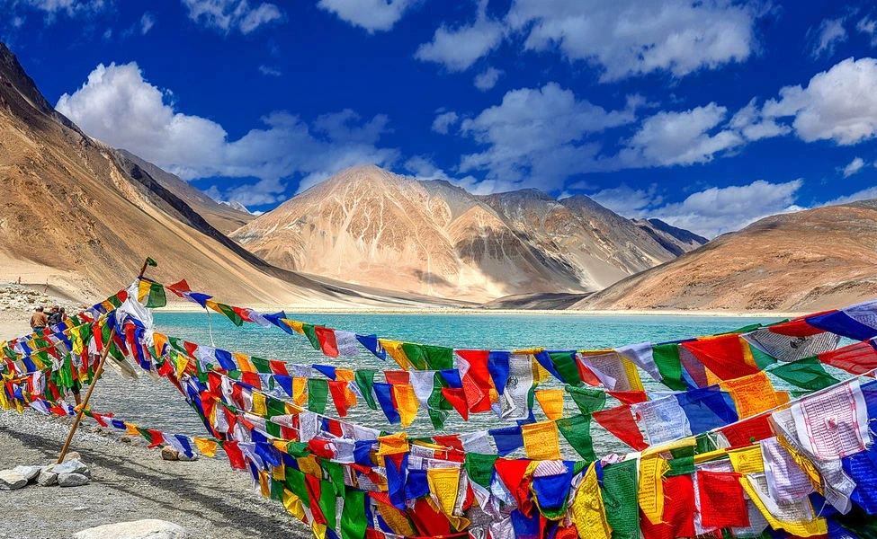 Pangong Lake with colorful prayer flags