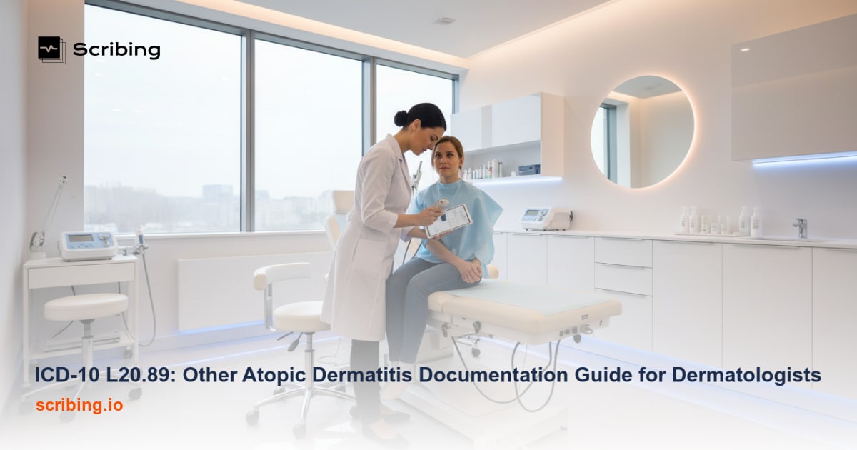 Clinical documentation workspace illustrating atopic dermatitis severity scoring and body surface area assessment for ICD-10 L20.89 coding