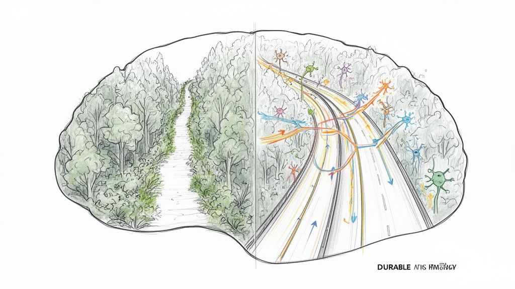 Illustration contrasting a brain's natural forest path with a neural highway network for memory.