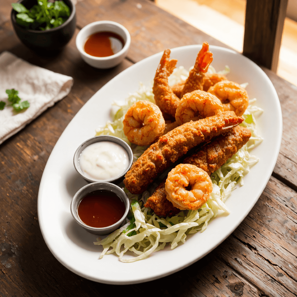 product photography of plate of fried shrimp and cutlet with sauce