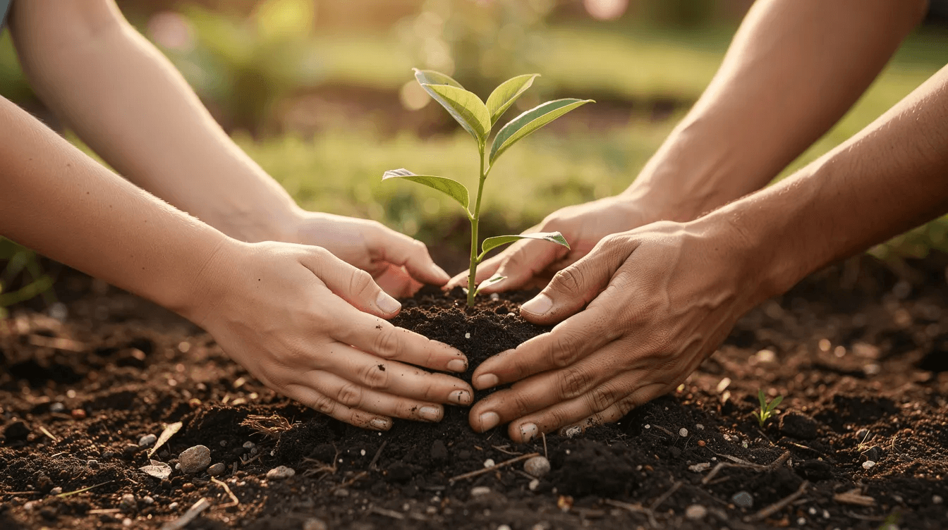 A family's hands, including younger family members, are working together to plant a small tree seedling in rich soil, symbolizing their commitment to nurturing their family's shared values and ensuring a better future for generations to come. This act reflects their dedication to creating a family mission that emphasizes growth, education, and charitable giving.