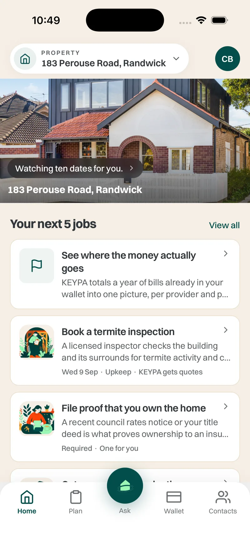 Keypa app home screen showing home health and the wallet