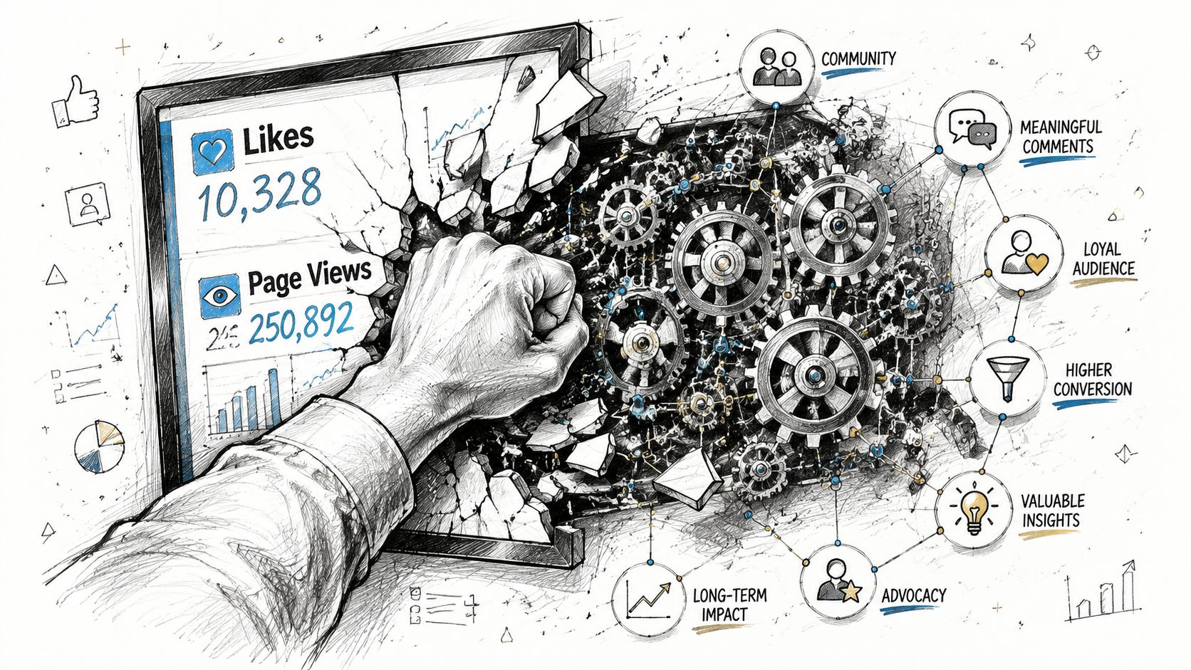 Een hand breekt door een digitaal scherm met statistieken en onthult een complex mechanisme van tandwielen en marketingstrategieën.