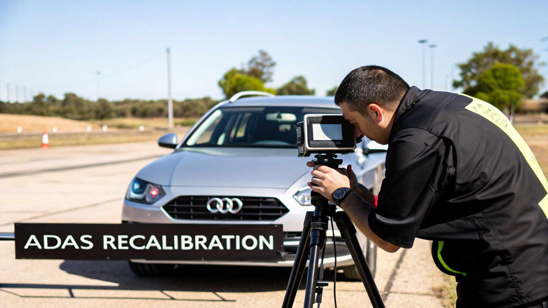 Technician performing ADAS recalibration on a modern vehicle in a workshop.