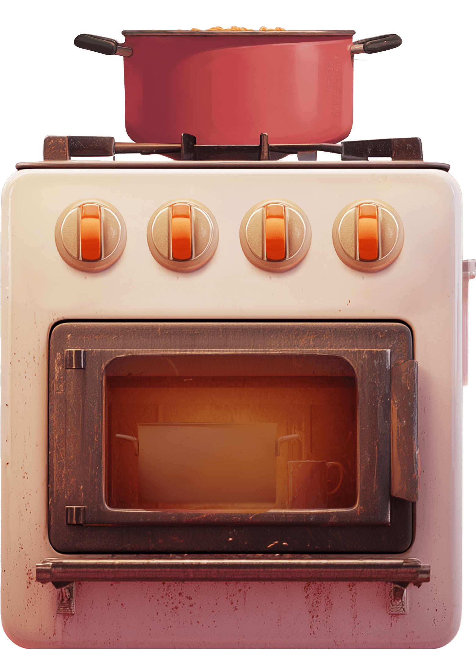 an illustration of a stove with a pasta pot on top and some cups inside