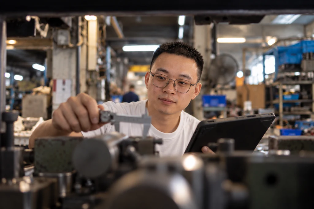 Engineer measuring a machined component with a caliper in an industrial workshop