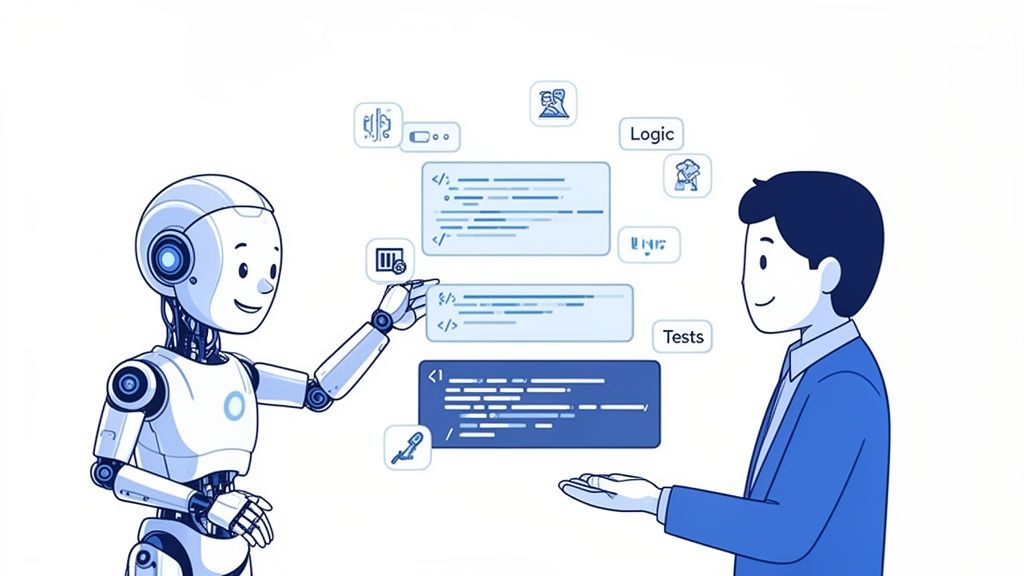 A friendly robot assists a developer, pointing to code, logic, and tests, illustrating AI in software development.