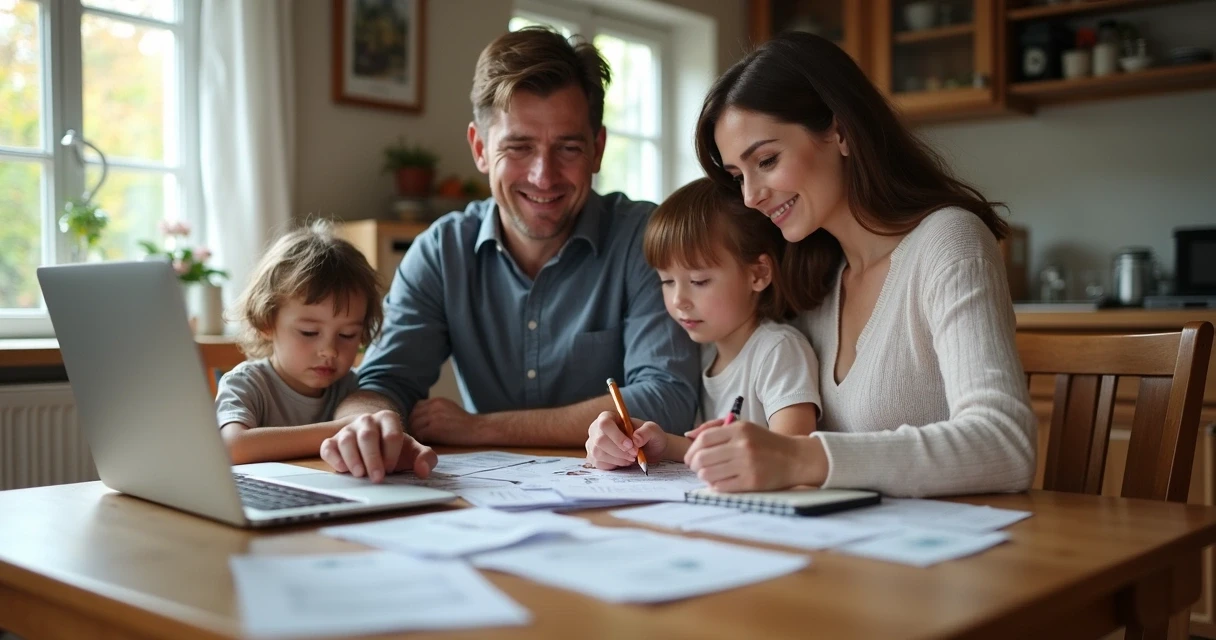 Família reunida ao redor da mesa analisando despesas mensais 