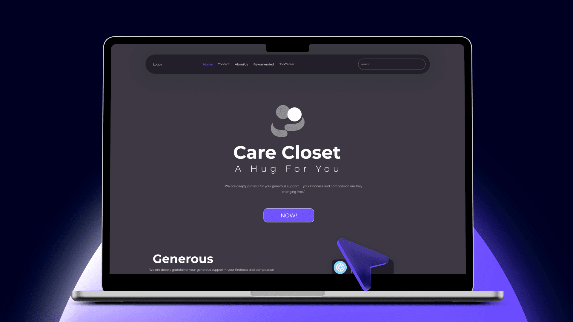 High-fidelity UI design of the Care Closet website homepage. Features the logo, the tagline 'A Hug For You', and a clear Call to Action, demonstrating a user-centric interface that simplifies the donation process.
