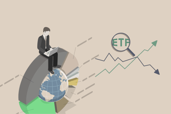 Man sitting, Chart going up and down, ETF zoomed in 