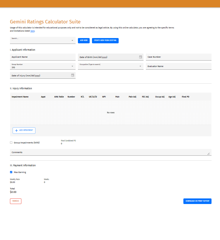 Screenshot ratings calculator organized interface