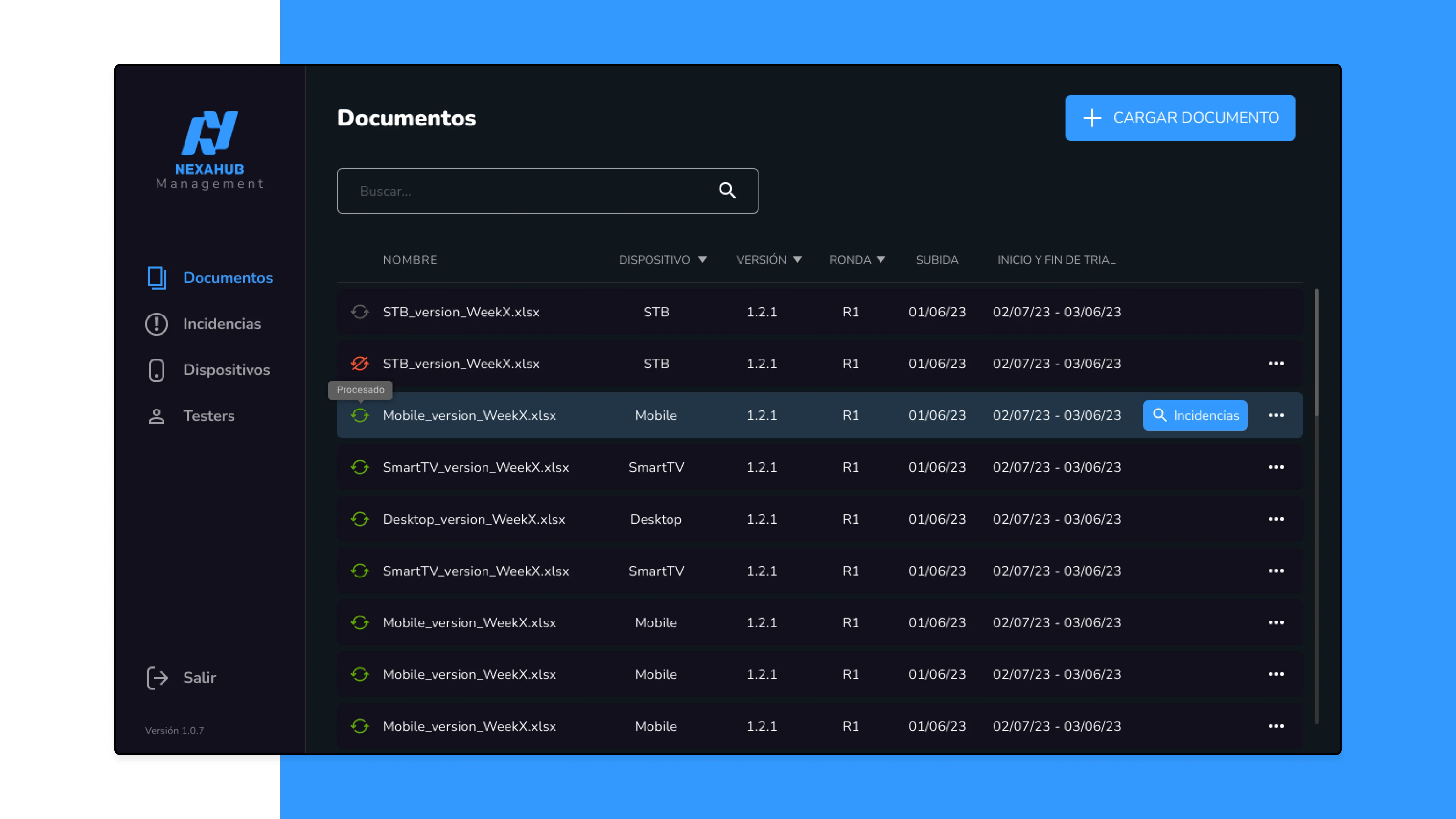 A collection of blue and black screens displaying various types of information, representing mockups of a CMS app.