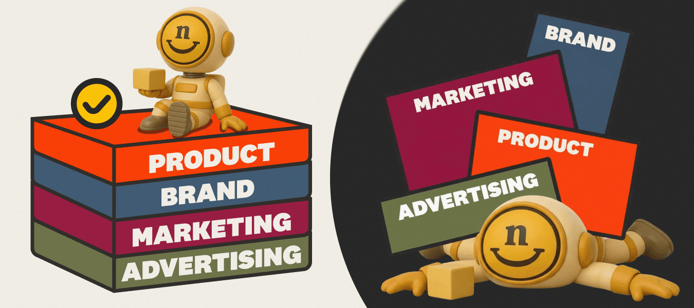 Illustration showing the correct growth ladder with product on top of brand, marketing, and advertising, contrasted with a collapsed stack representing growth built in the wrong order.