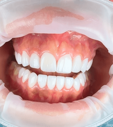 A smiling mouth showcasing a successful dental crown at an Invisalign center in Dubai.