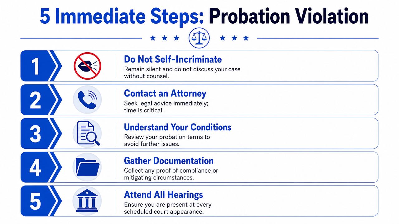 An infographic titled 5 Immediate Steps for a Probation Violation offering legal advice and guidance.