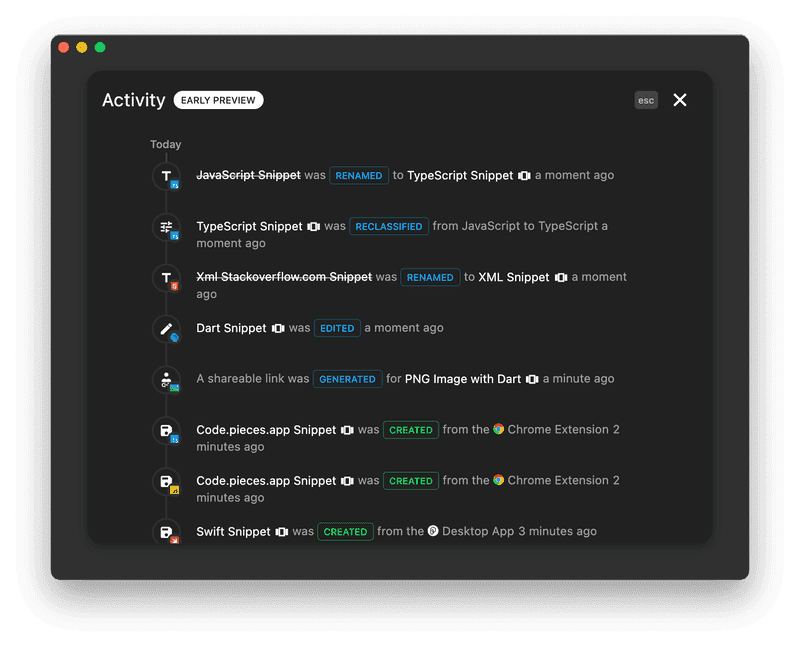 Workflow Activity in the Pieces desktop app.
